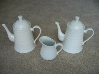tea pot set $5,  exercise ball $5, Iron $5, pillow(new) $5each 1