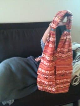 Fabric sling, brown leather bag 1