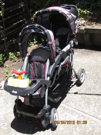 Dining Table, Leather Easy chair with ottoman and double stroller 2