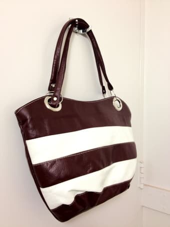Shoulder bag: Brown/White stripes, faux-leather -- LIKE NEW -- $15 1