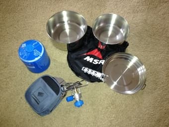 Camping stove for backpacking + fuel cartridge + MSR pots 1