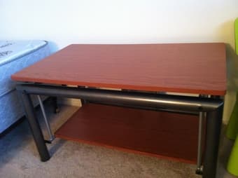 new tall coffee table+4 chairs, short table, bed. old TV 3