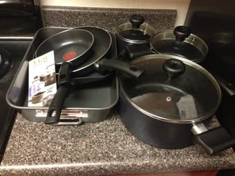 tefal cooking set, knife set, microwave, rice cooker $40 2