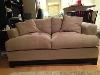2 Seater Microfiber Beige Sofa with Wooden Trim $150 1
