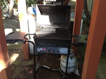 gas BBQ grill, medium fridge 1