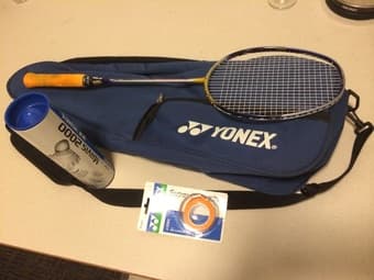 Yonex badminton racket (with birdies, grip wraps, shoes) 1
