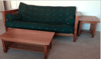 Solid wood futon (queue size bed) and two tables $120 1