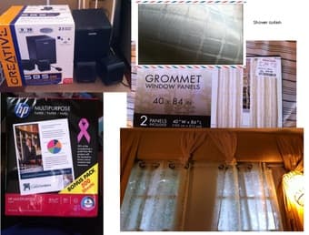 moving sale - speakers,printer papers,window curtain, shower curtain 1