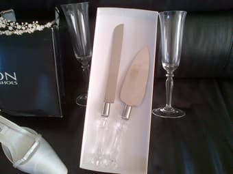 Wedding Set - Veil, Shoes 6.5, cake cutter & server, toasting glasses 2