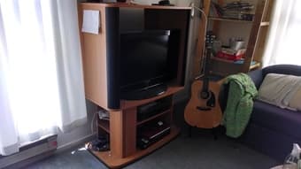 Solid wood queen bed frame, TV stand for up to 32" TV 2