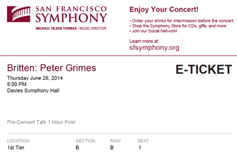 Four cheap tickets for SF Symphony Opera Peter Grimes on Jun 26 2