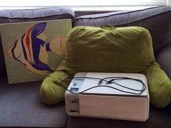 HP Printer, Canon camera, vintage white desk & shelf, painting 1
