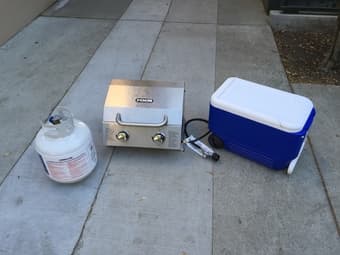 NVR Tabletop Propane Grill With Propane Tank, Grilling Tools, and Cooler 2