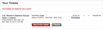 US Women's National Team  vs. Ireland - May 10 - 4 tickets 1