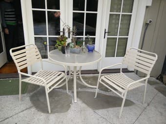 Patio table with 2 chairs and mini fridge & freezer 1