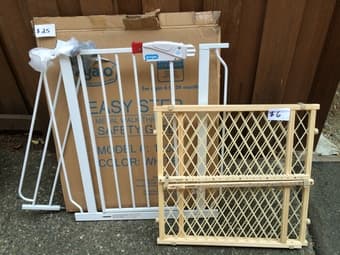 Baby swing: $60, wood baby gate: $6, metal baby gate: $25 2
