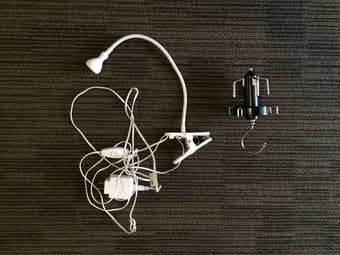 SELLING for $5: hanging shoe and belt organizer, white clippable lamp 1