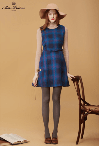 Moving sale-NWT-Miss Patina Retro checked sleeveless Preppy Dress-Blue-US 8 1