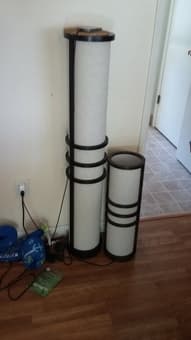 TV table, IKEA bookcase, table, floor standing lamps (mountain view) 2