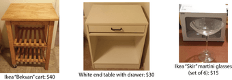 Moving sale: wood kitchen shelf, end table w/ drawer, martini glasses 1
