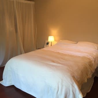 Queen bed, shelf , 2 LACK tables, lamp 1