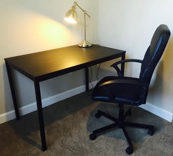 DESK, black brown $20; SWIVEL CHAIR, black $20; WORK LAMP, silver $15 1