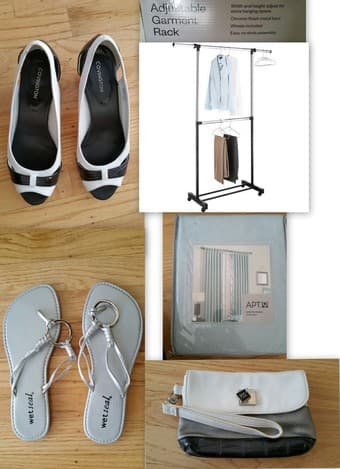 shoes, bag, garment rack and curtain $10 1