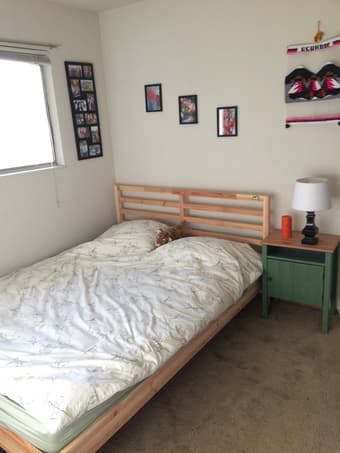 Bedroom furniture - bed, bed stand, 2 book shelves, only 1 yr old! 1