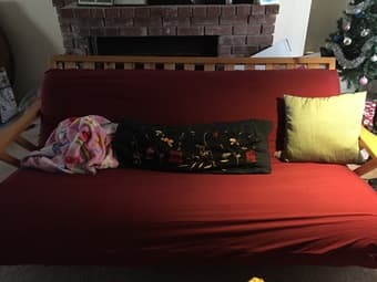 Moving sale: futon, heater, toaster, computer desk, chairs $5 2