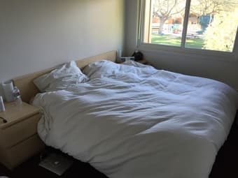 King size mattress, frame, and bedside table ($400) 1