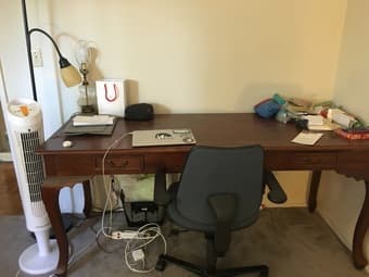 Step stool, foldable shelving unit, desk, ottoman, lamps, fan, iron 3