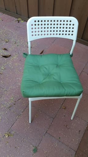3 white Ikea Adde dining table chairs plus chair cushion 1