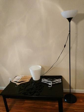 MOVING SALE! FLOOR LAMP/8 WOOD HANGERS/16 PLASTIC HANGERS/ BIN $30 3