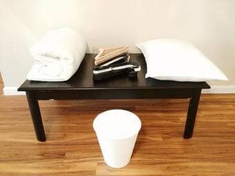 MOVING OUT NOW! DUVET/PILLOW/15 PVC & 8 WOOD HANGERS/PVC BIN $25 1