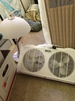 In-window fan, lamp, full-length mirror, coffee + bread machines, iron 1