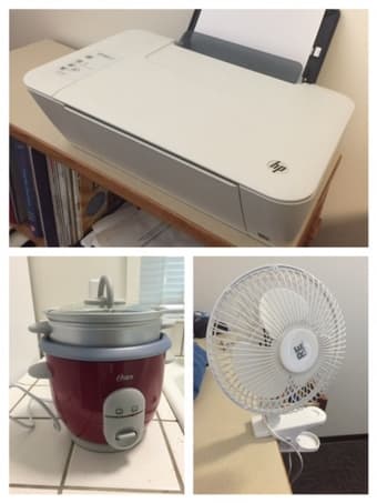 2 microwaves $10 & $30, Printer $35, Portable fan $5, Rice Cooker $15 3