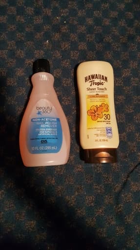 near-new sun screen ($2) nail polish remover ($1) 1