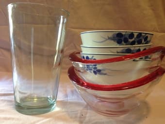Small ceramic/glass bowls/drinking glass/knives/chopping board $7 1