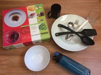 * KITCHEN STUFF * w/ plate, bowl, mug, utensils, water bottle, etc. 1