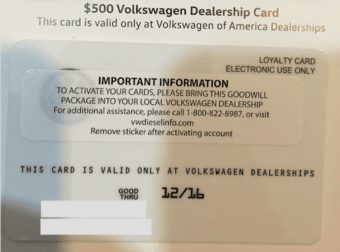 $500 Volkswagen Dealership Card for $400 1