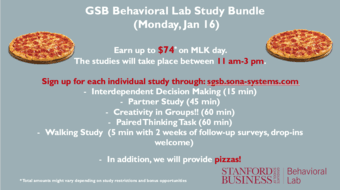 GSB Behavioral Lab Study Opportunities- Up to $74! 1