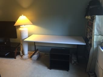 price reduced 50%. office desks and chairs. floor lamps. 2