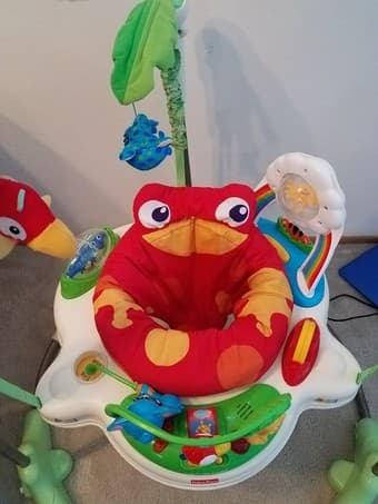 Baby items: Nuna leaf, Jumperoo, Bumbo seat, Swaddle strap 2