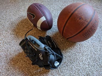 Basketball, football, baseball glove 1