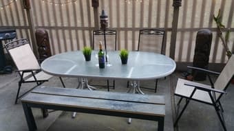 Price Reduced! - Glass Top Patio Table w Bench and umbrella weight 1
