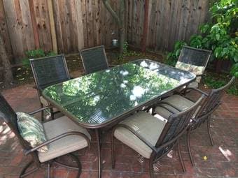 Outdoor dining set - glass table with bamboo accents - seats 6 1