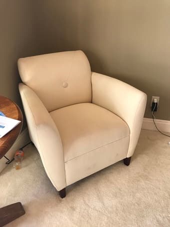 Retro designer armchair:  cream white with mahogany supports 2