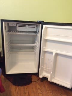 MOVING! Selling Full size bed frame, bar stools and mini fridge. 3