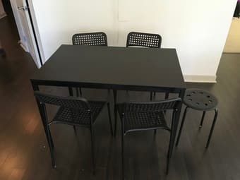 Dining table, chairs, stool, lamps 1