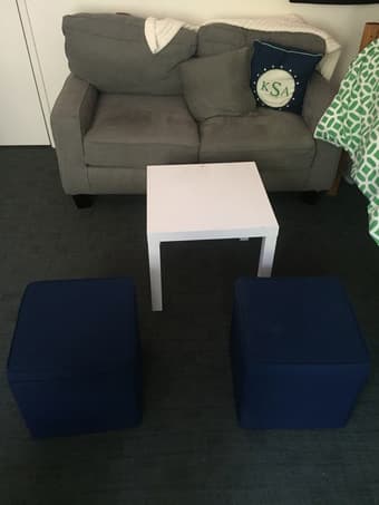 2 ottomans with storage; white coffee table 1